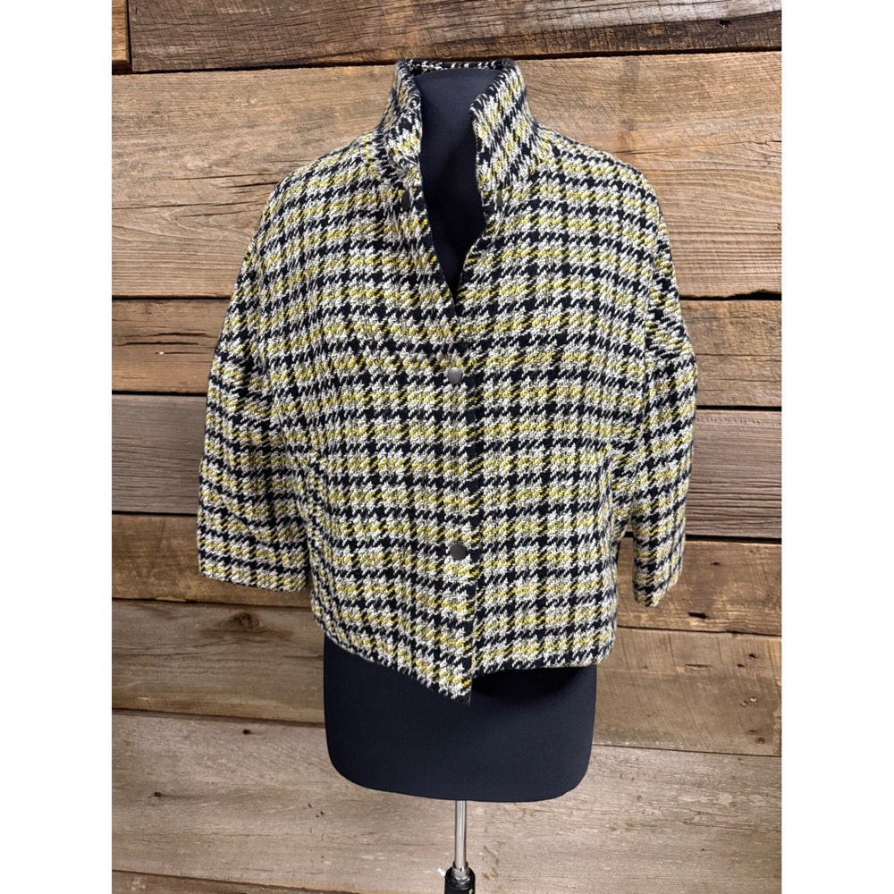 Etcetera Yellow Black Houndstooth Tweed Cropped Jacket Funnel Neck Size 2